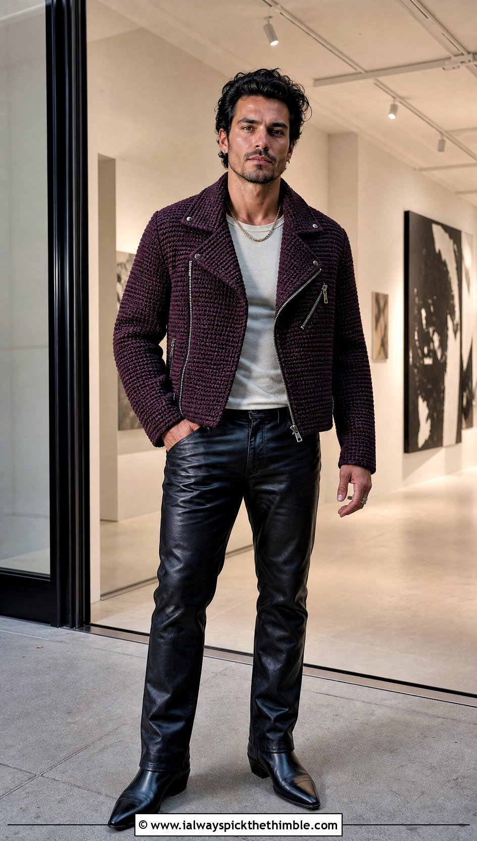 Crochet Moto Jacket With Leather Pants - 25 crochet jacket for men outfit ideas