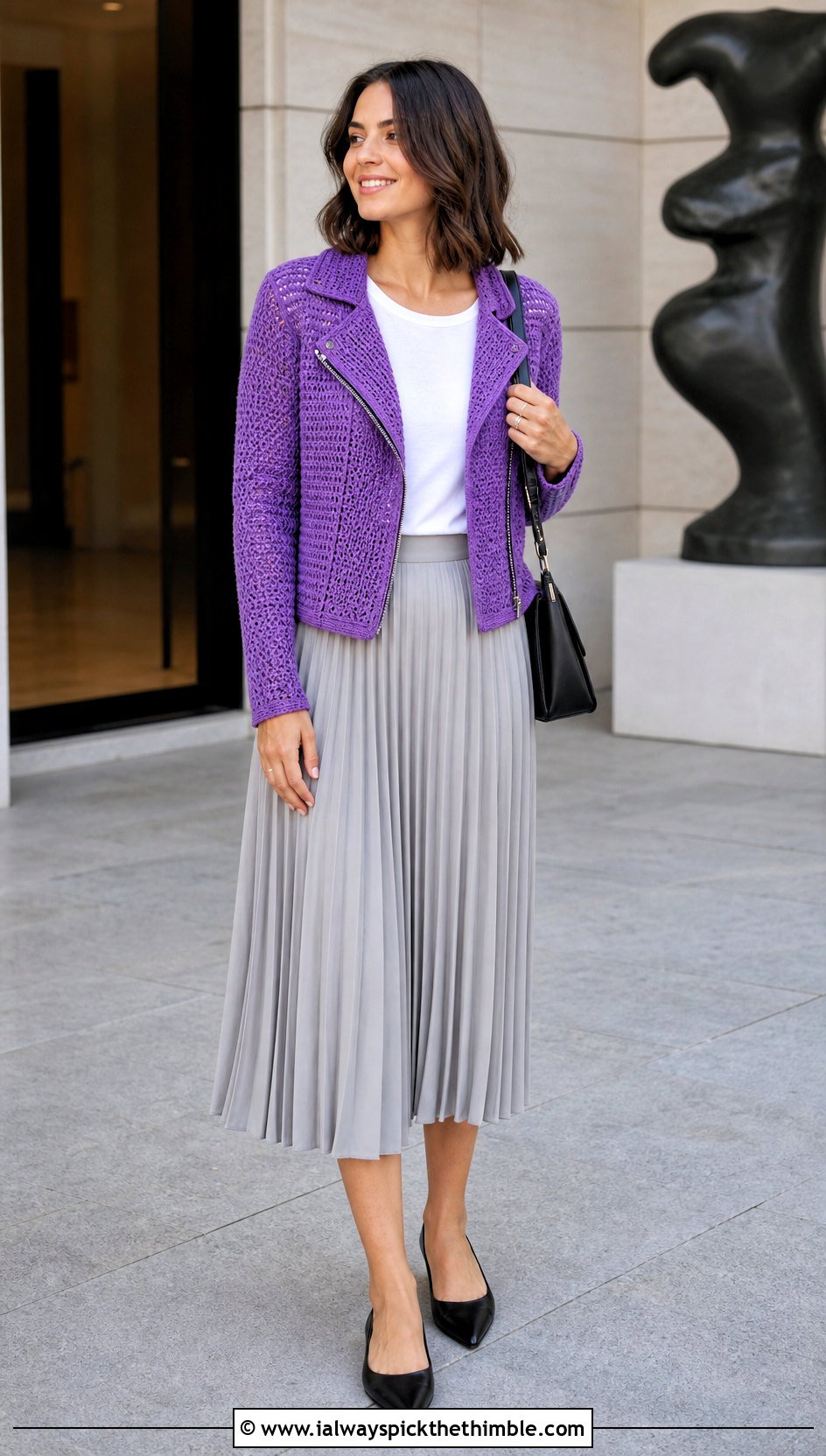 Crochet Moto Jacket With Pleated Midi Skirt - 20 crochet jacket for ladies outfit ideas
