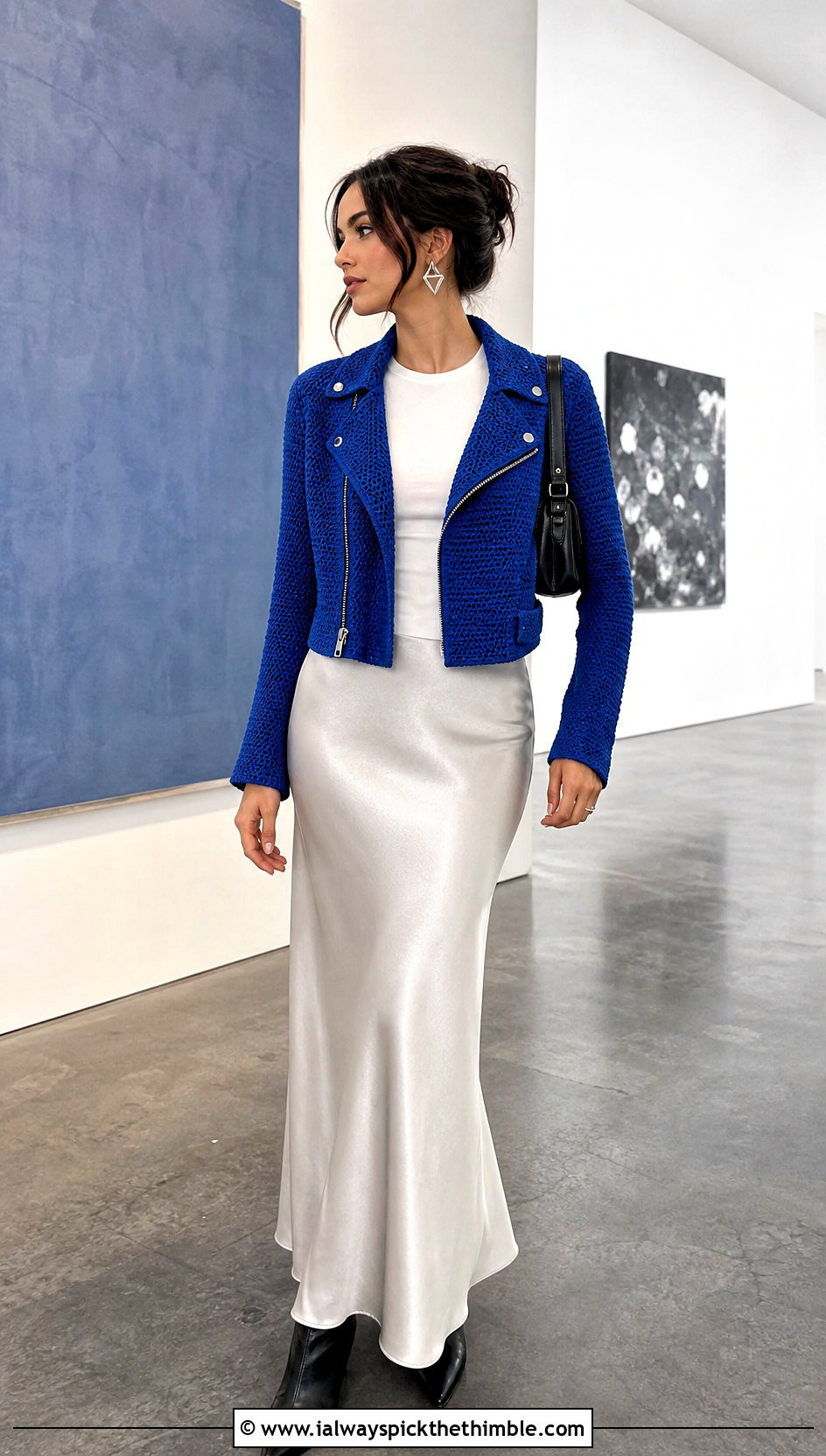 Crochet Moto Jacket With Satin Maxi Skirt - 20 crochet jacket for women outfit ideas