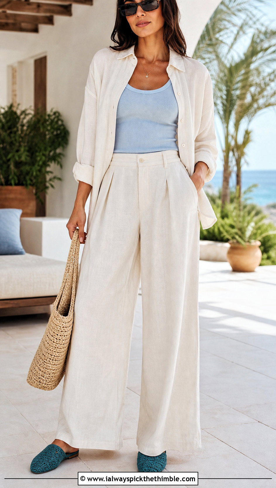 Crochet Mule Slippers With A Linen Pants Set - 15 easy flat crochet slippers outfit ideas
