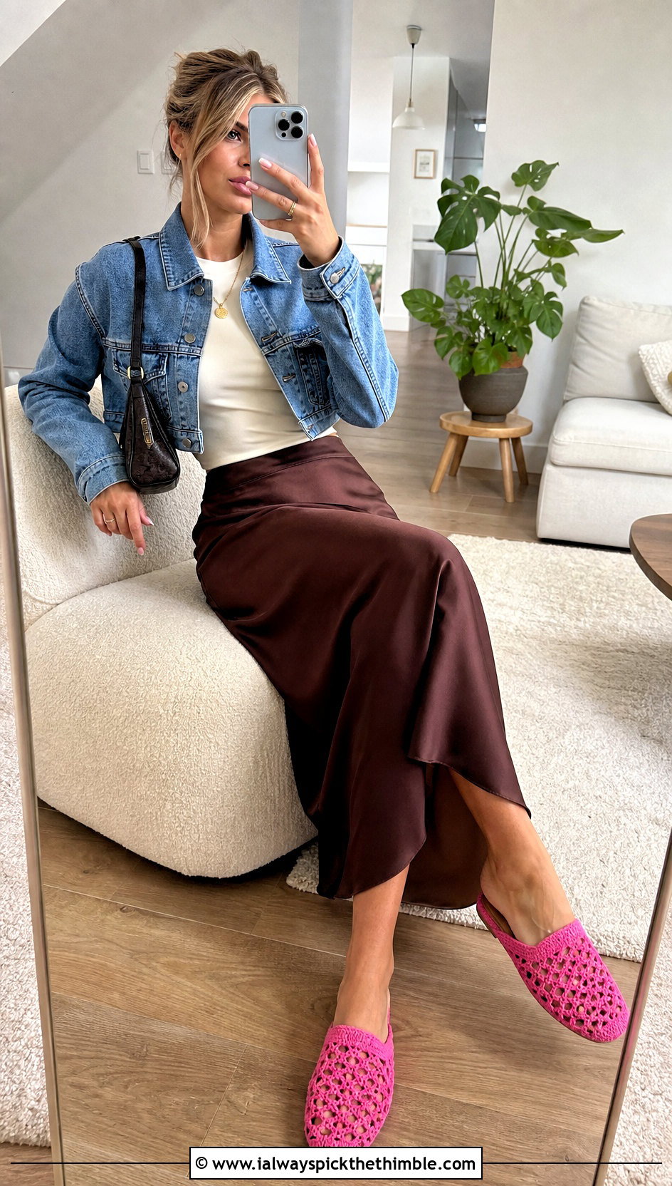 Crochet Mule Slippers With Satin Midi Skirt - 25 crocheted slippers outfit ideas