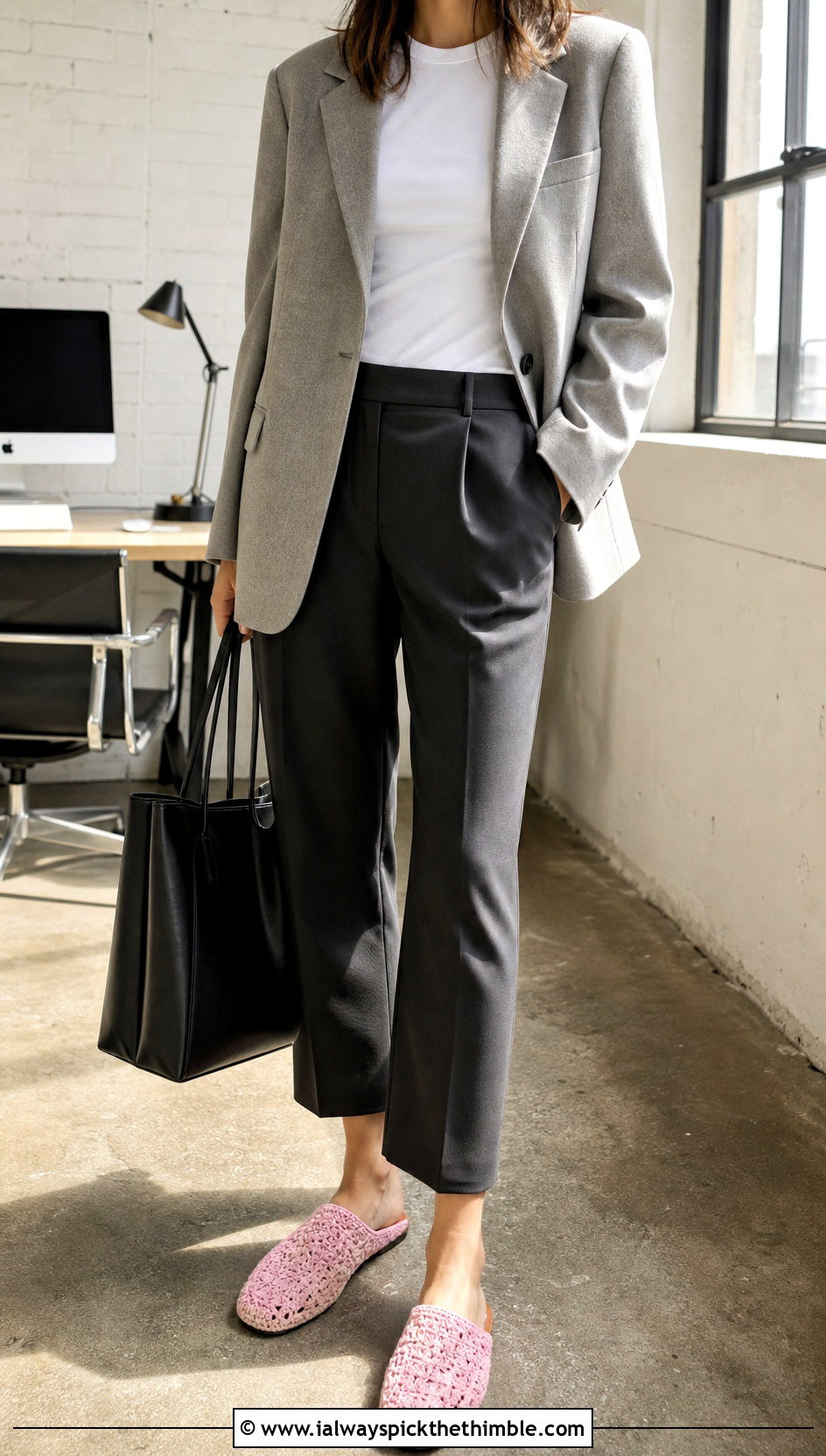 Crochet Mule Slippers With Tailored Trousers And Blazer - 25 easy crochet slippers adult outfit ideas