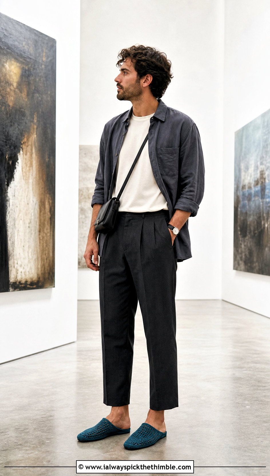 Crochet Mules With Pleated Pants And Overshirt - 20 crochet shoes for men outfit ideas