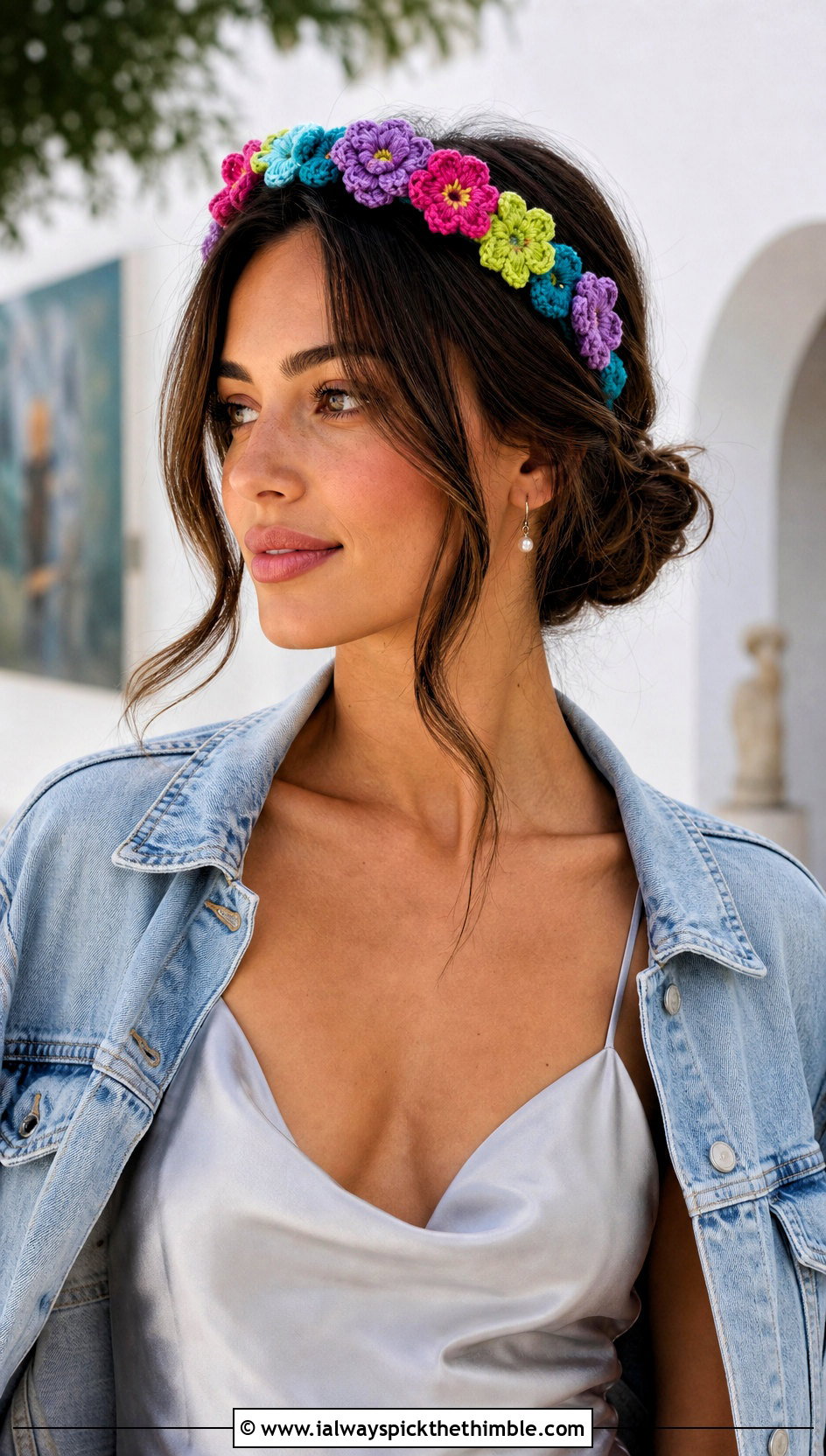 Crochet Multicolor Flower Crown Headband With Slip Dress - 15 crochet flower headband and clip outfit ideas
