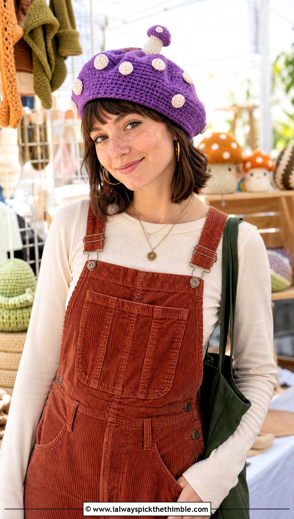Crochet Mushroom Amigurumi Beret With Corduroy Overalls - 20 crochet amigurumi hat outfit ideas