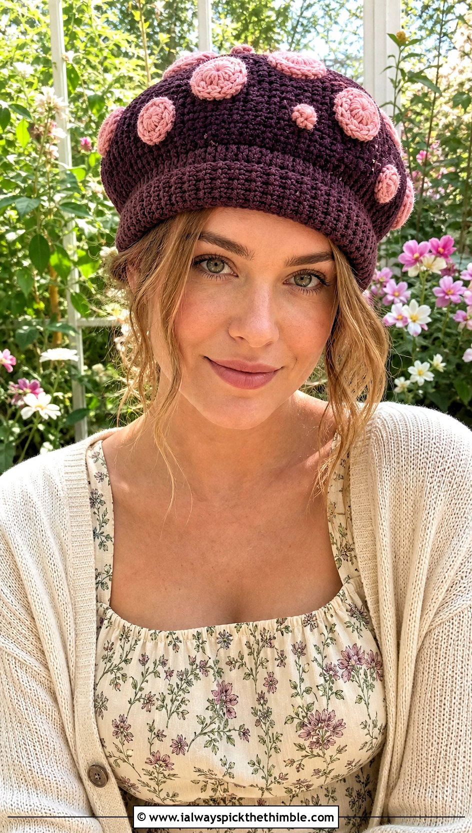 Crochet Mushroom Beret With Cottagecore Dress - 25 crochet character hats outfit ideas