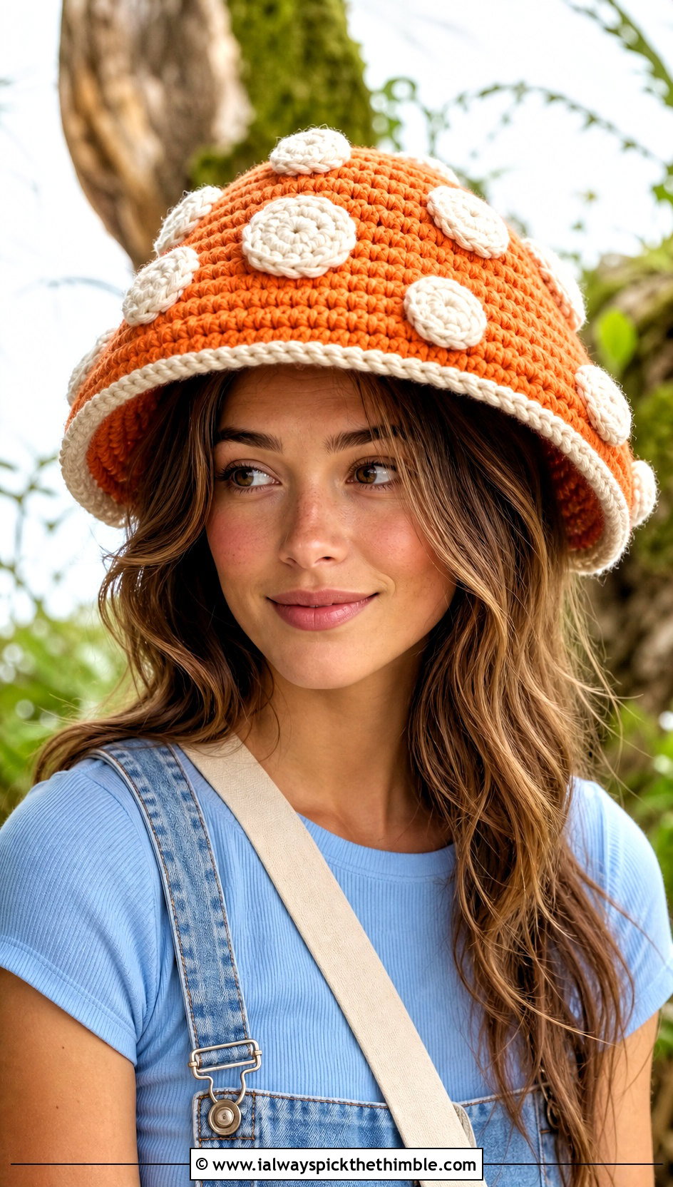 Crochet Mushroom Cap Costume With Denim Overalls - 15 Crochet Costume outfit ideas