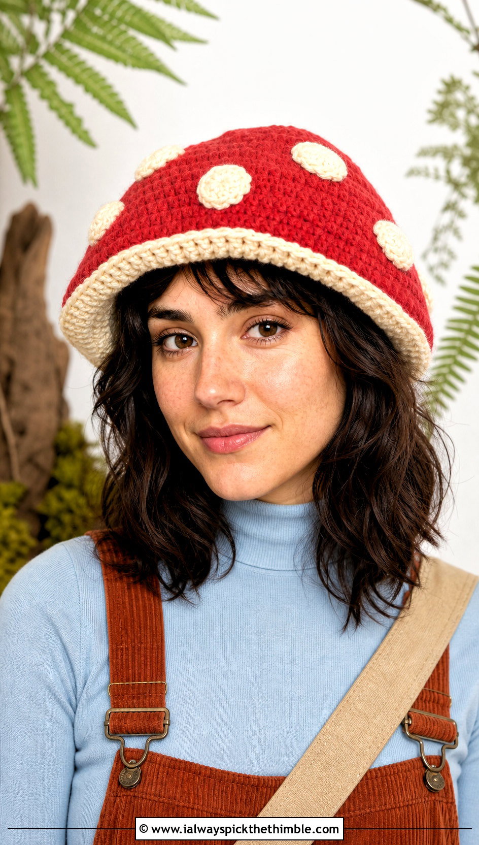 Crochet Mushroom Hat With Corduroy Overalls - 20 crochet halloween outfit ideas