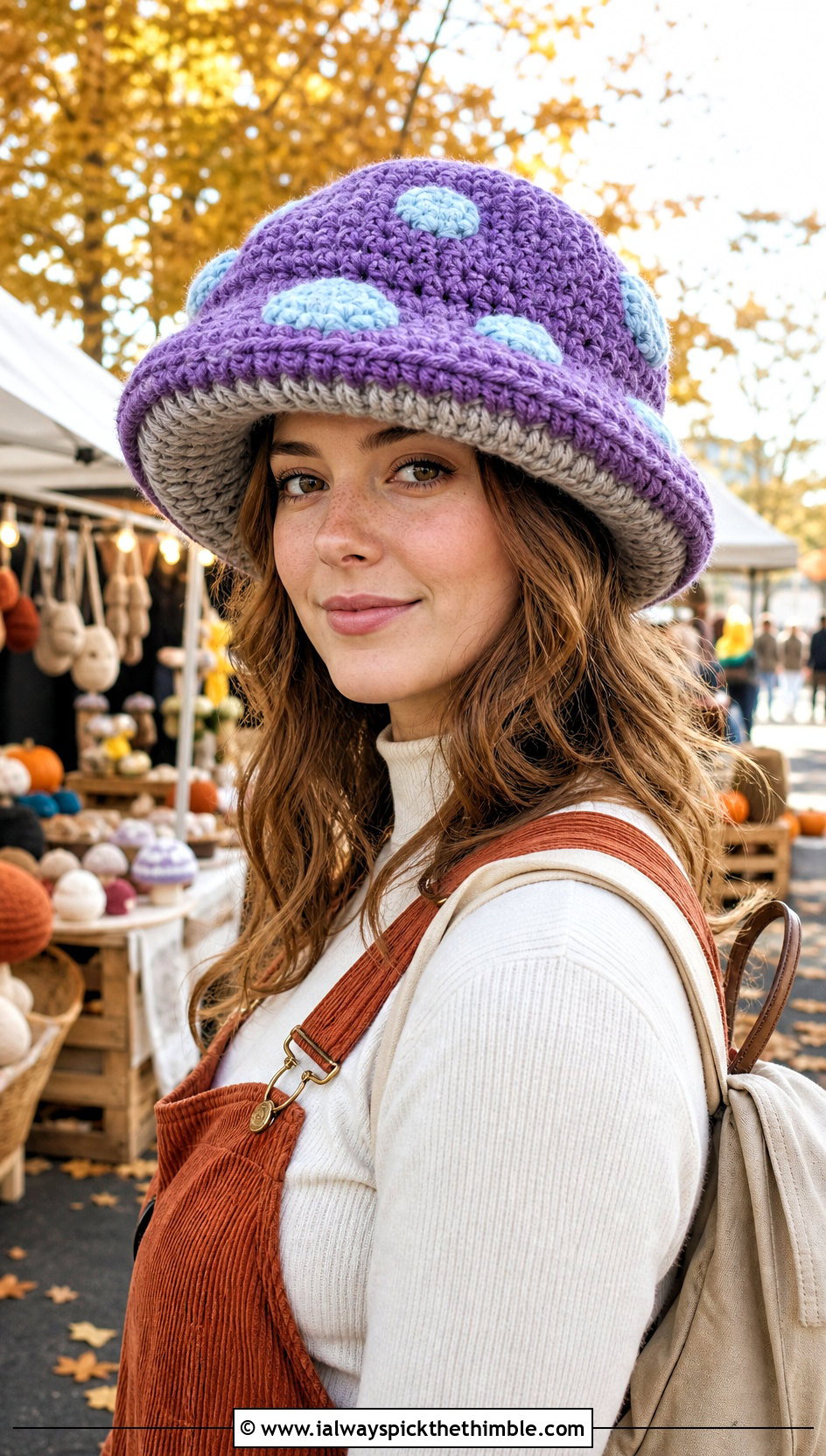 Crochet Mushroom Hat With Corduroy Overalls - 20 Crochet Character Hat outfit ideas