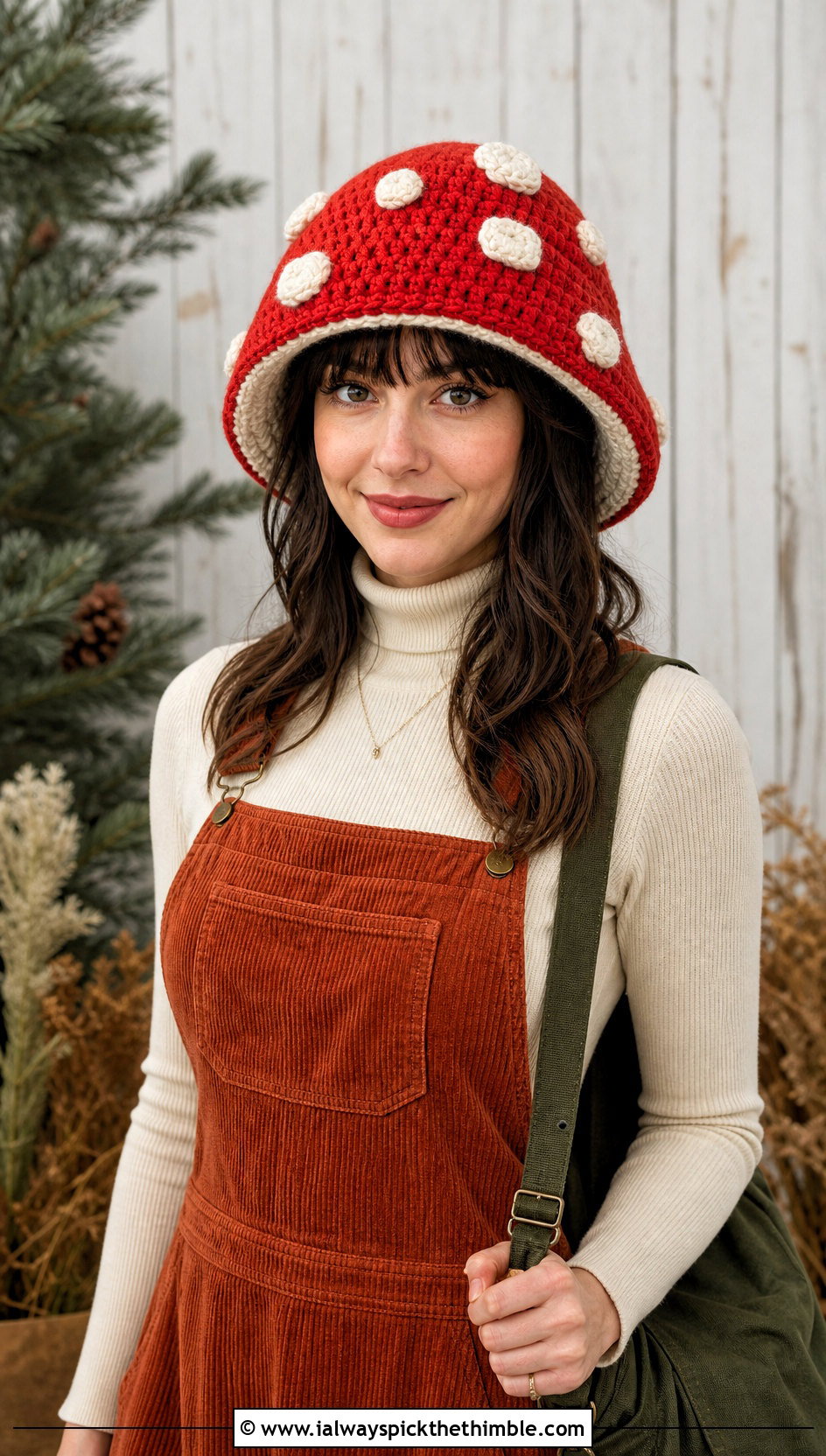 Crochet Mushroom Hat With Corduroy Pinafore Dress - 20 Crochet Silly Hats outfit ideas
