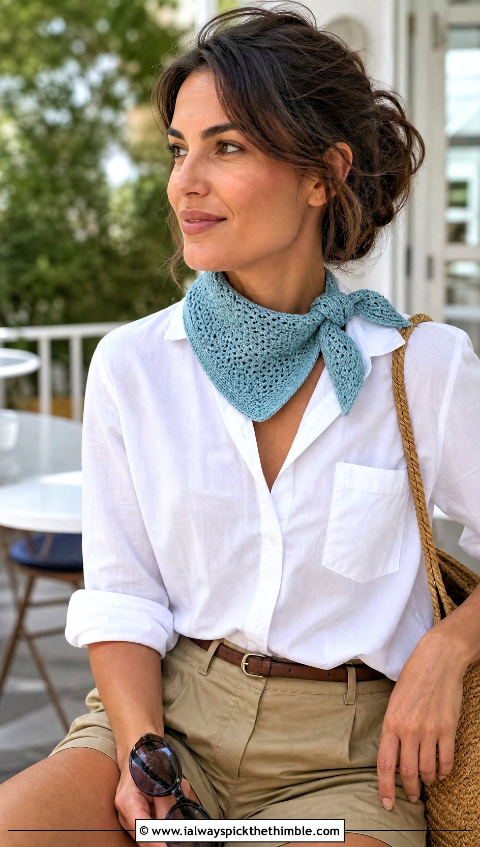 Crochet Neckerchief One Ball Scarf With Button Down Shirt And Shorts - 15 one ball crochet scarf outfit ideas