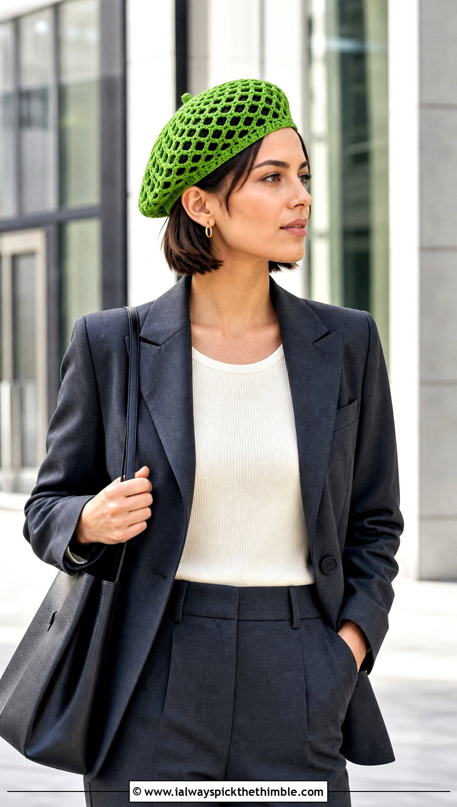 Crochet Net Beret With Blazer And Trousers - 20 crochet net hat outfit ideas