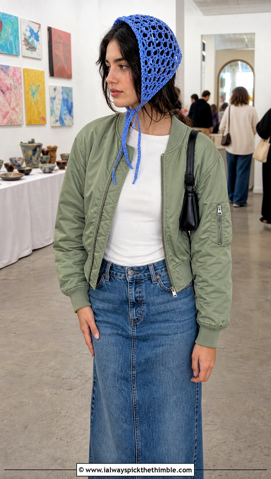 Crochet Net Bonnet With Bomber Jacket - 20 crochet net hat outfit ideas