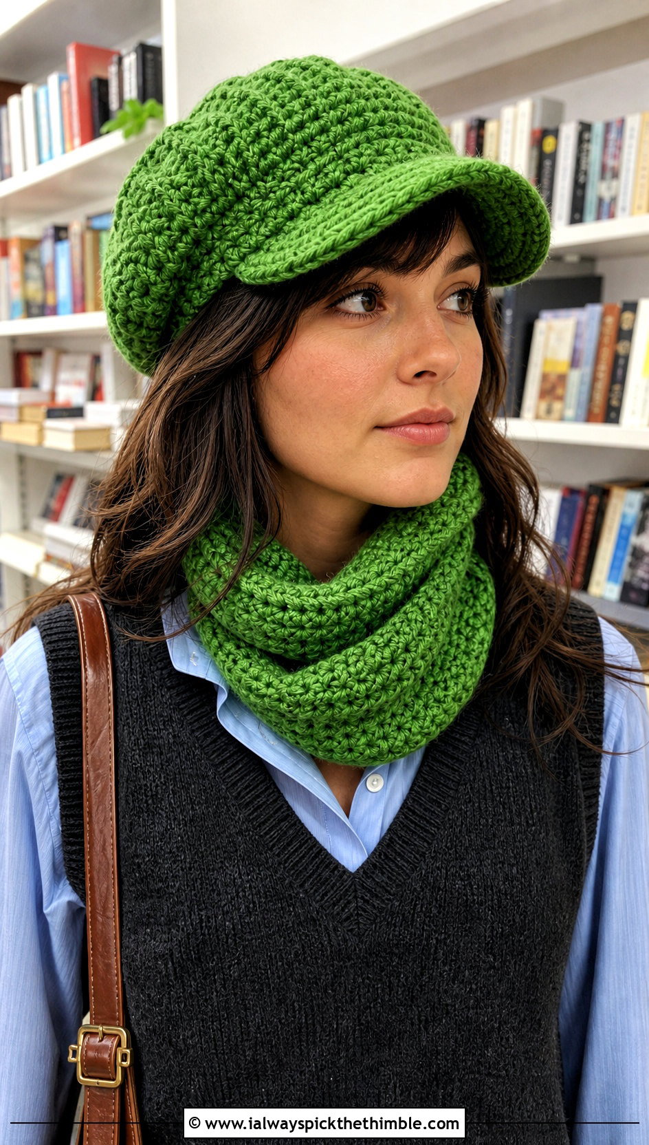 Crochet Newsboy Cap And Cowl Scarf With Sweater Vest - 20 crochet hat scarf outfit ideas