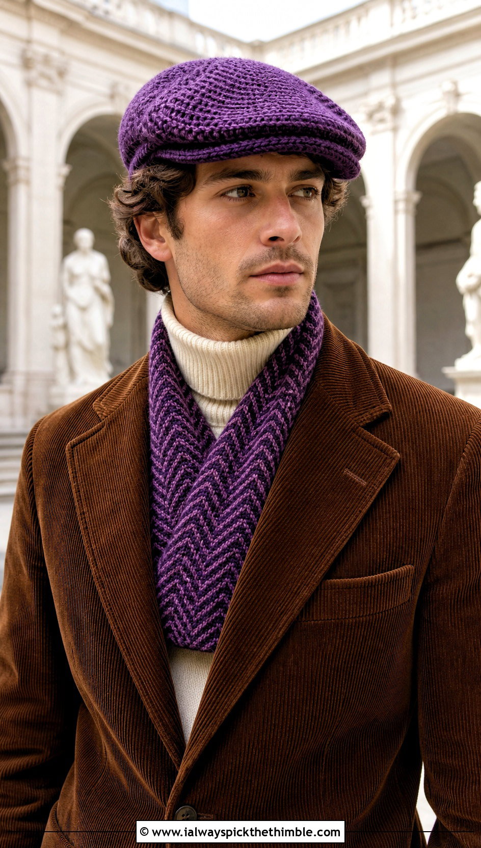 Crochet Newsboy Cap And Herringbone Scarf With Corduroy Blazer - 20 Crochet Mens Hat And Scarf outfit ideas