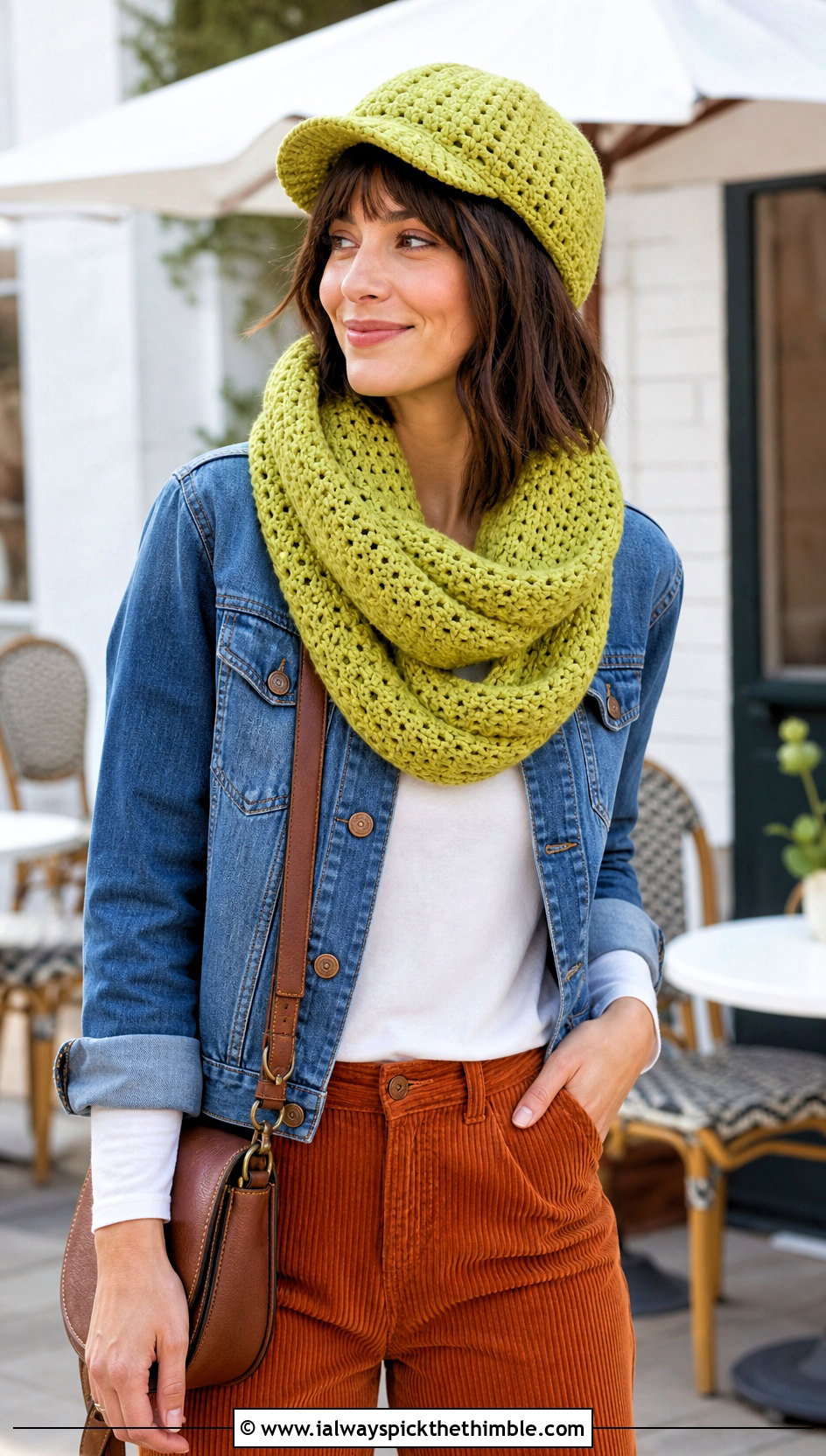Crochet Newsboy Cap And Infinity Scarf With Denim Jacket - 20 crochet scarf hat combo outfit ideas