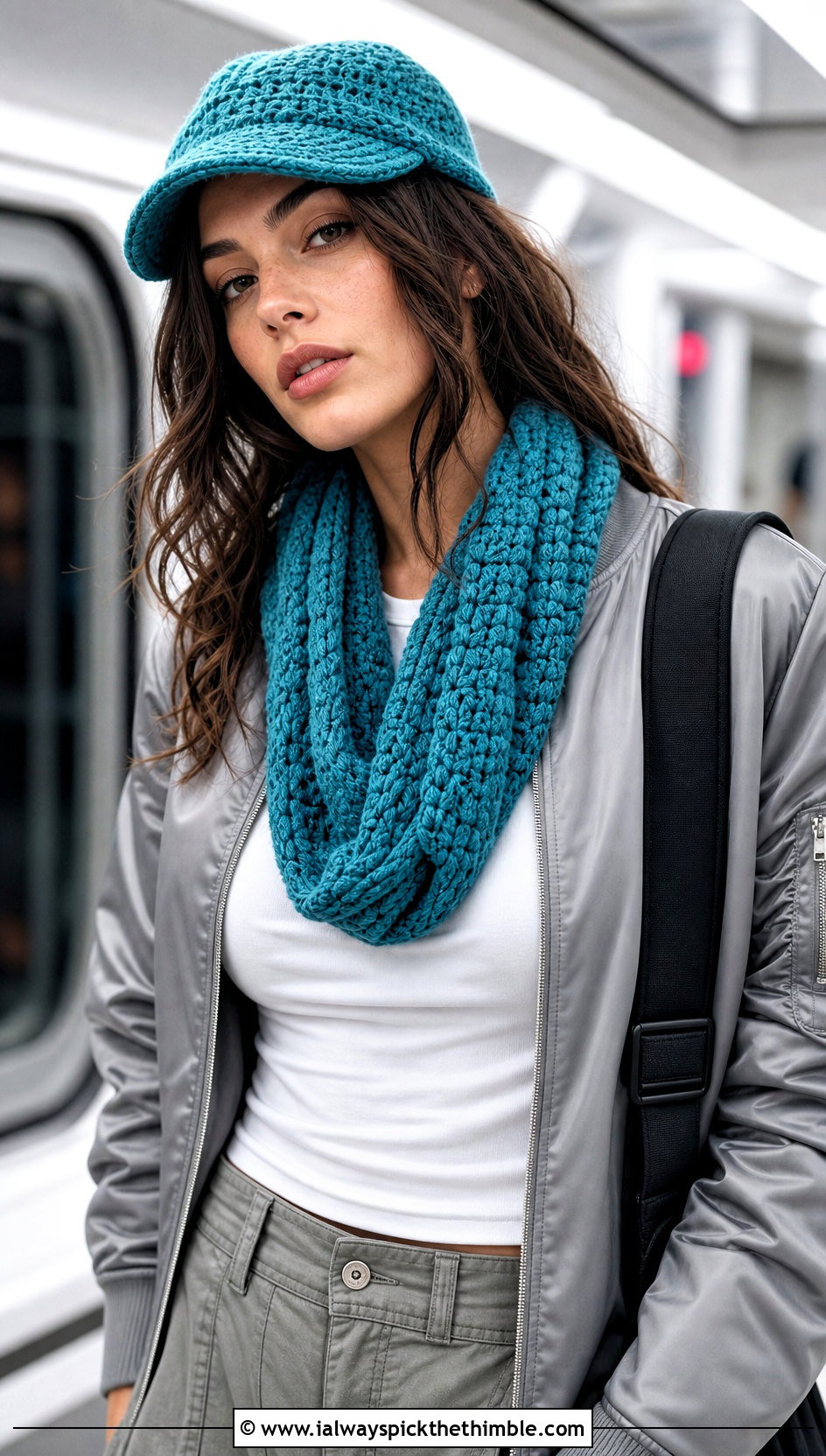 Crochet Newsboy Cap And Loop Scarf With Bomber Jacket - 20 crochet hat and scarf outfit ideas
