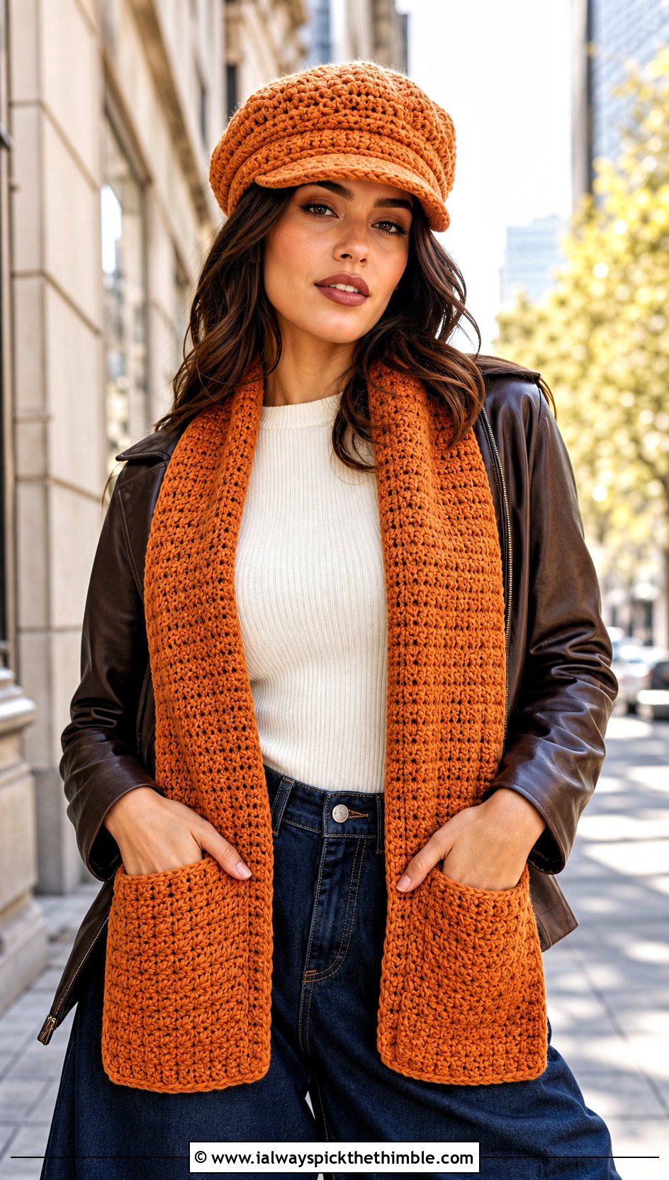 Crochet Newsboy Cap And Pocket Scarf With Leather Jacket - 15 Easy Crochet Hat And Scarf Set outfit ideas