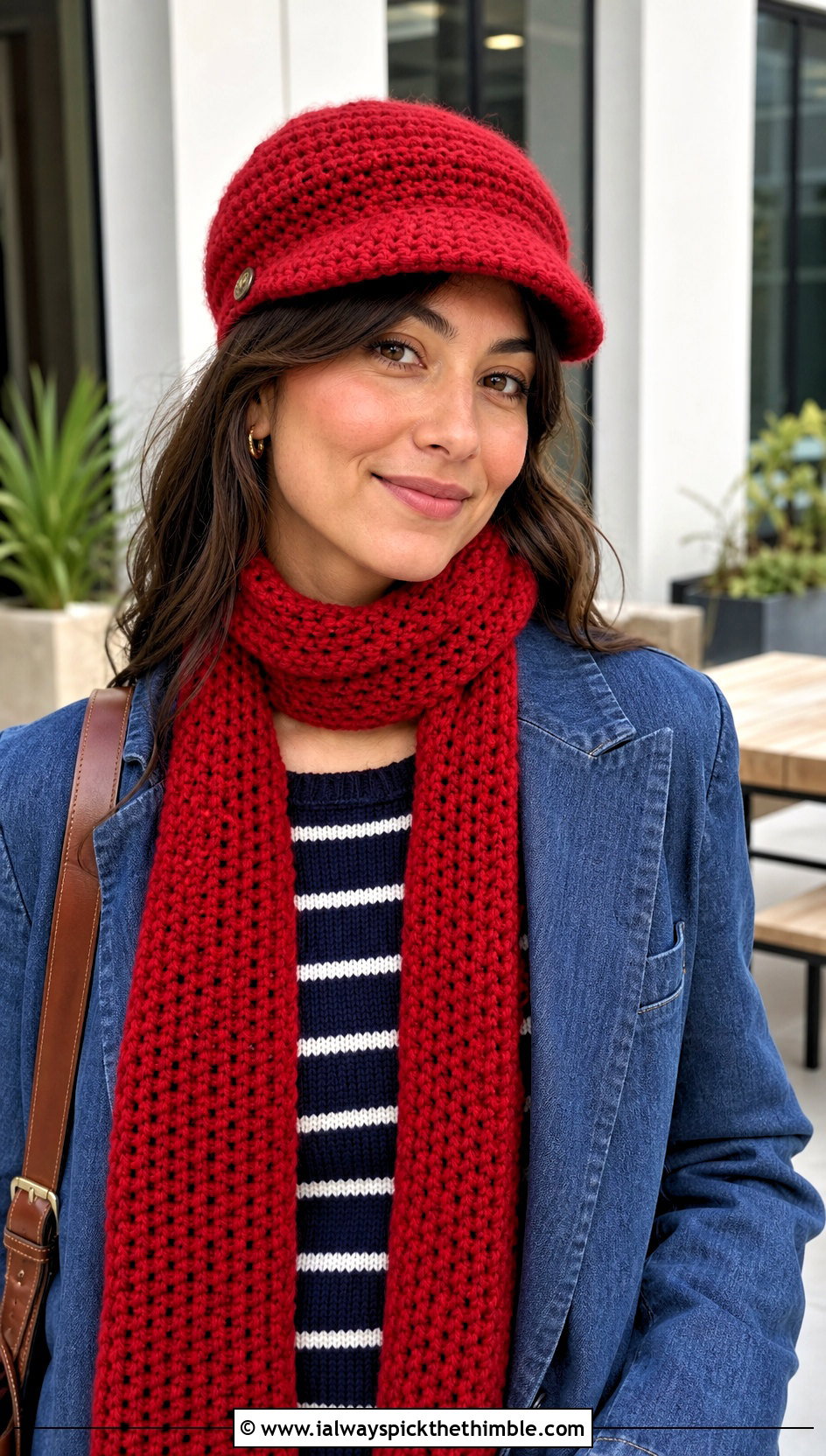 Crochet Newsboy Cap And Straight Scarf With Denim Blazer - 25 crochet hat and scarf set outfit ideas