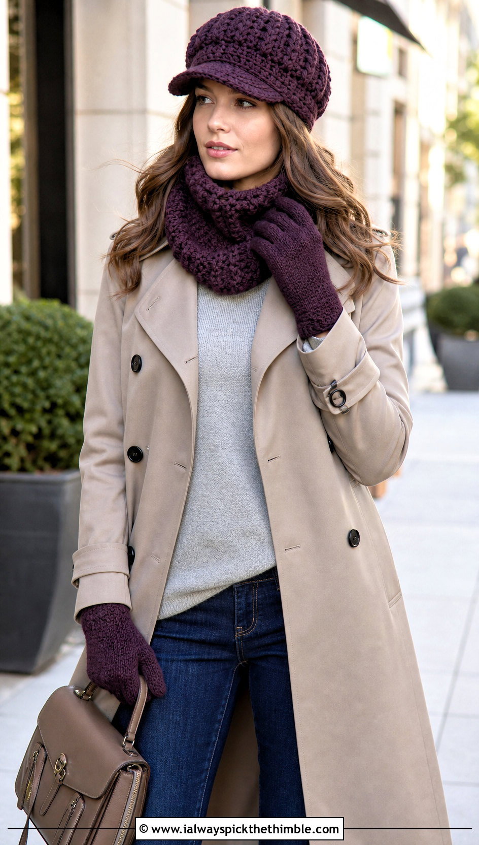 Crochet Newsboy Cap Cowl And Gloves With Trench Coat - 20 crochet hat scarf gloves set outfit ideas