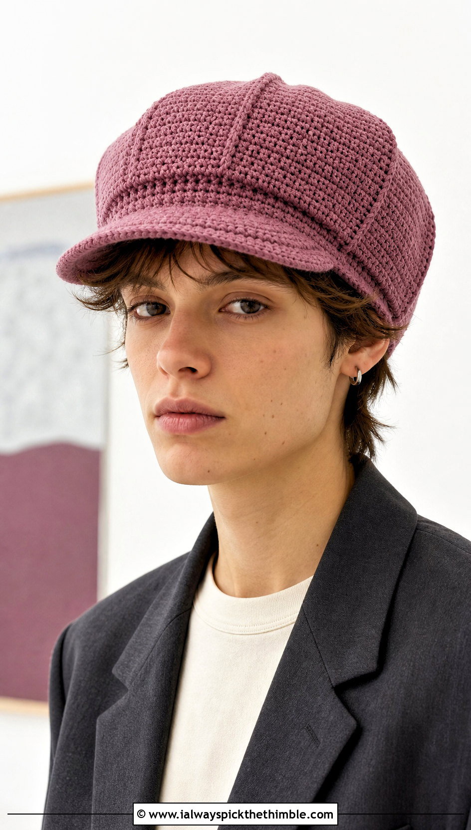 Crochet Newsboy Cap With Blazer And Trousers - 20 Unisex Crochet Hat outfit ideas
