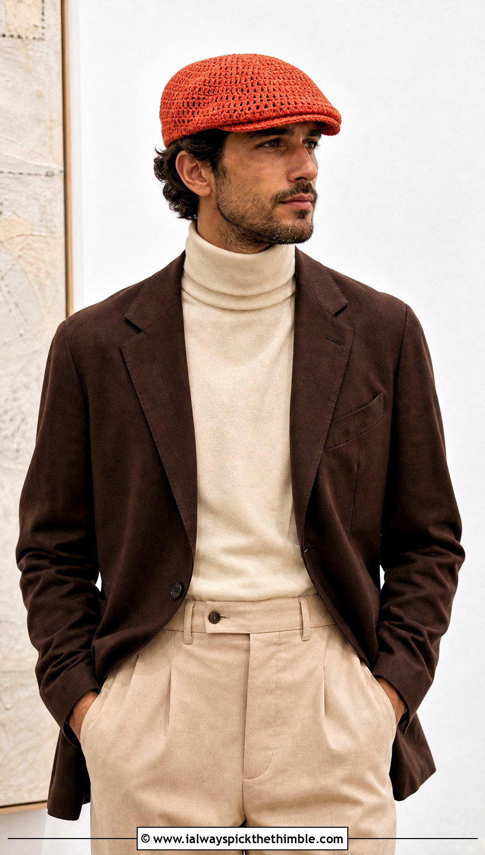 Crochet Newsboy Cap With Blazer And Turtleneck - 20 men's crochet hats outfit ideas