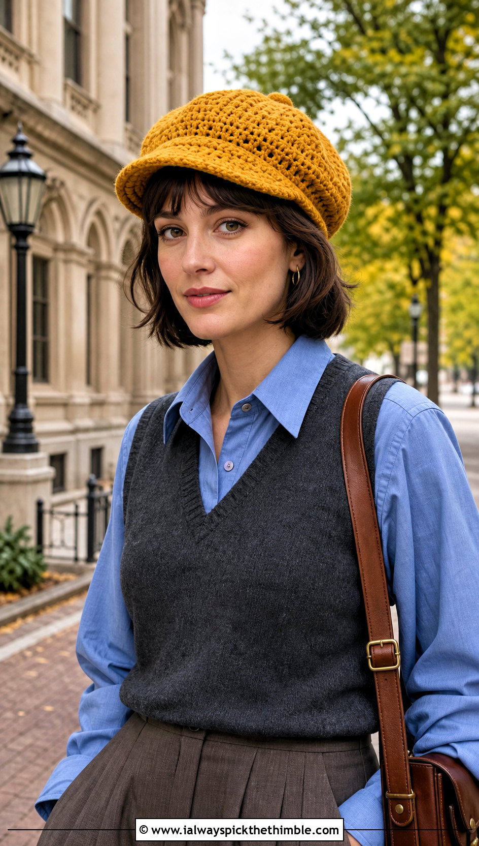 Crochet Newsboy Cap With Button Down Shirt - 25 easy crochet hat for women outfit ideas