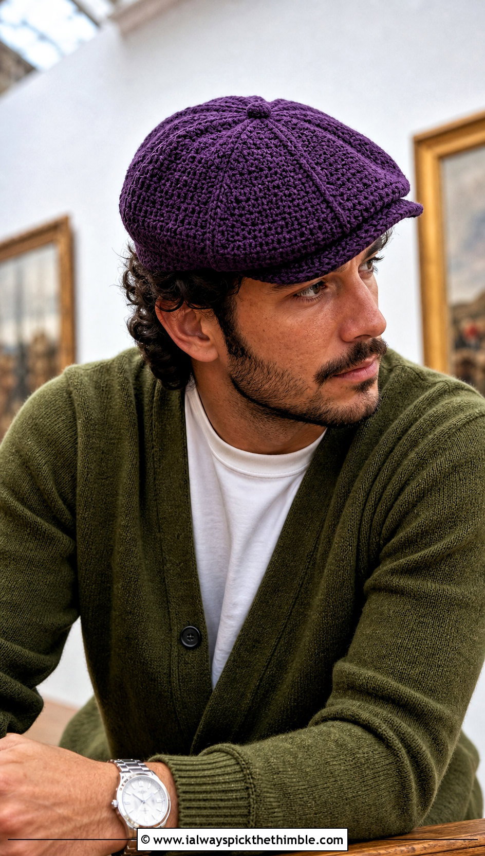 Crochet Newsboy Cap With Cardigan And Trousers - 20 crocheted mens hats outfit ideas