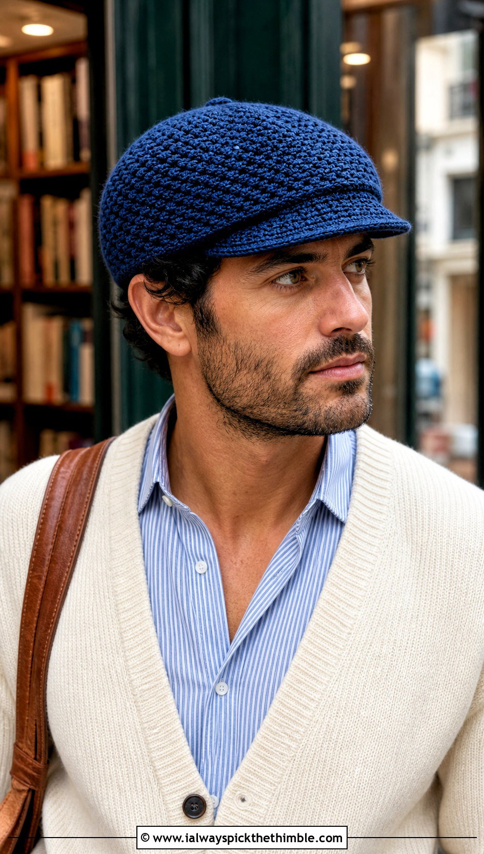 Crochet Newsboy Cap With Cardigan And Trousers - 15 Crochet Men's Hats outfit ideas