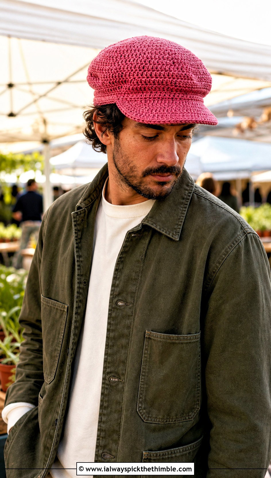 Crochet Newsboy Cap With Chore Coat - 25 men's crochet hat outfit ideas