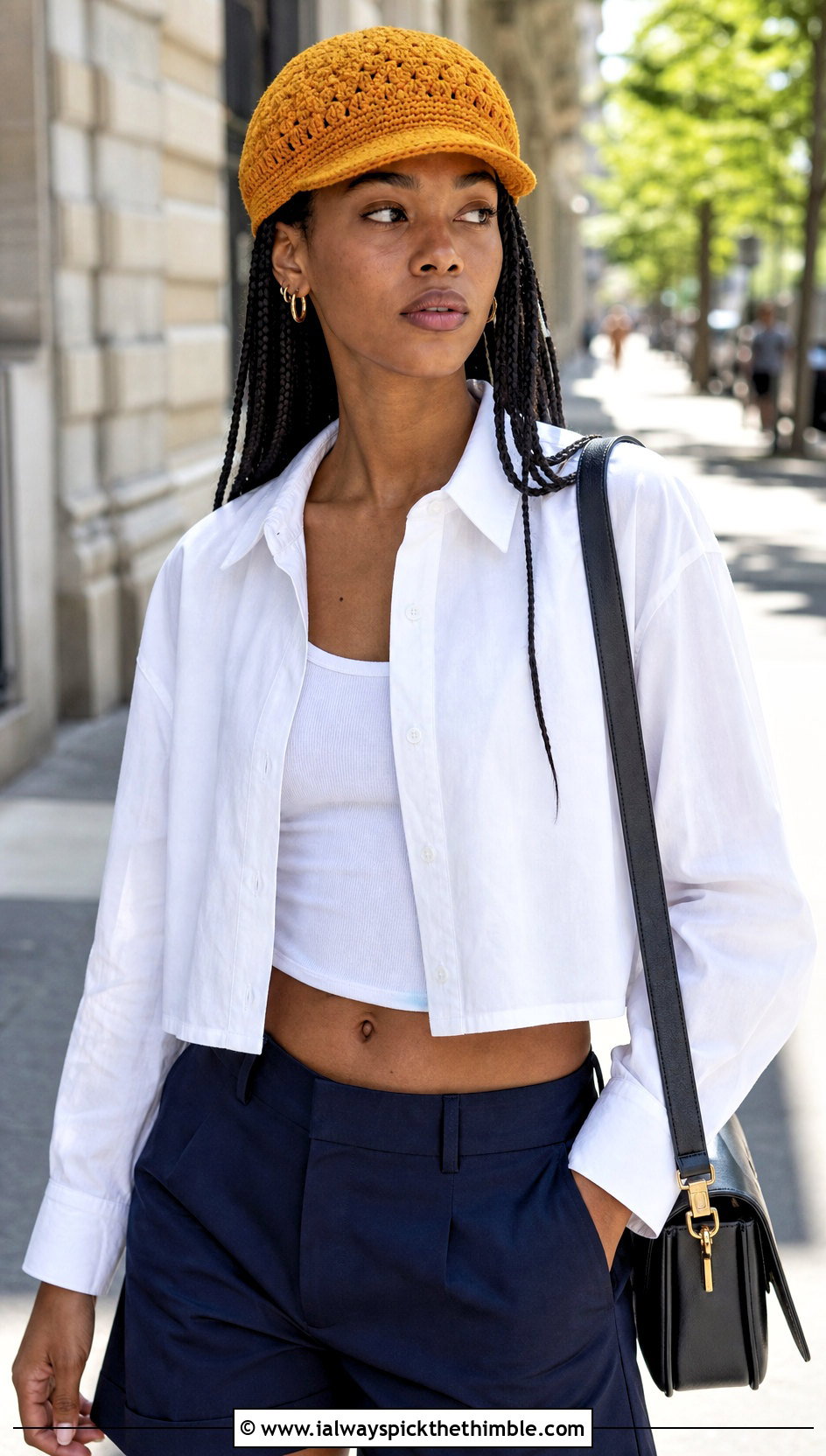 Crochet Newsboy Cap With Cropped Shirt And Bermuda Shorts - 25 summer crochet hat outfit ideas