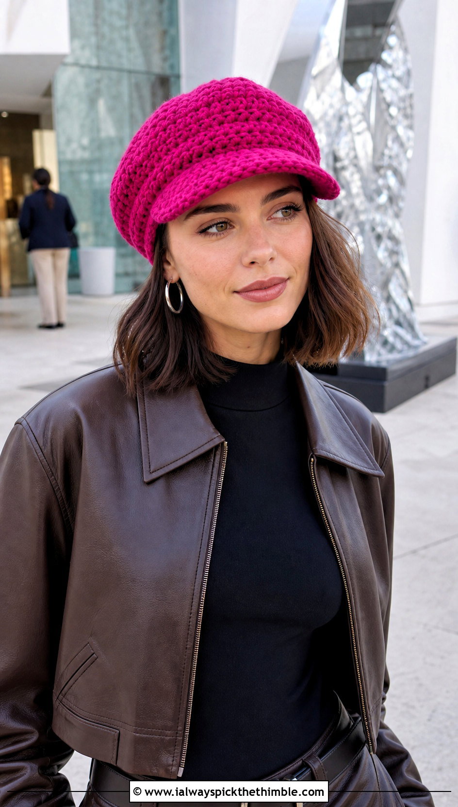 Crochet Newsboy Cap With Leather Jacket - 20 Easy Crochet Hats With Brim outfit ideas