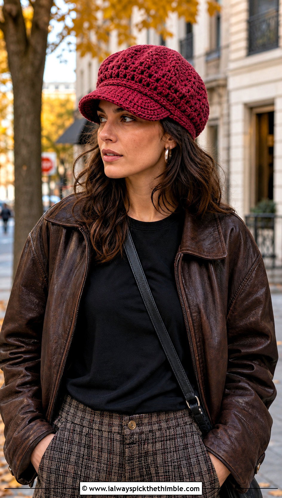 Crochet Newsboy Cap With Leather Jacket And Plaid Pants - 20 beginner crochet hat outfit ideas
