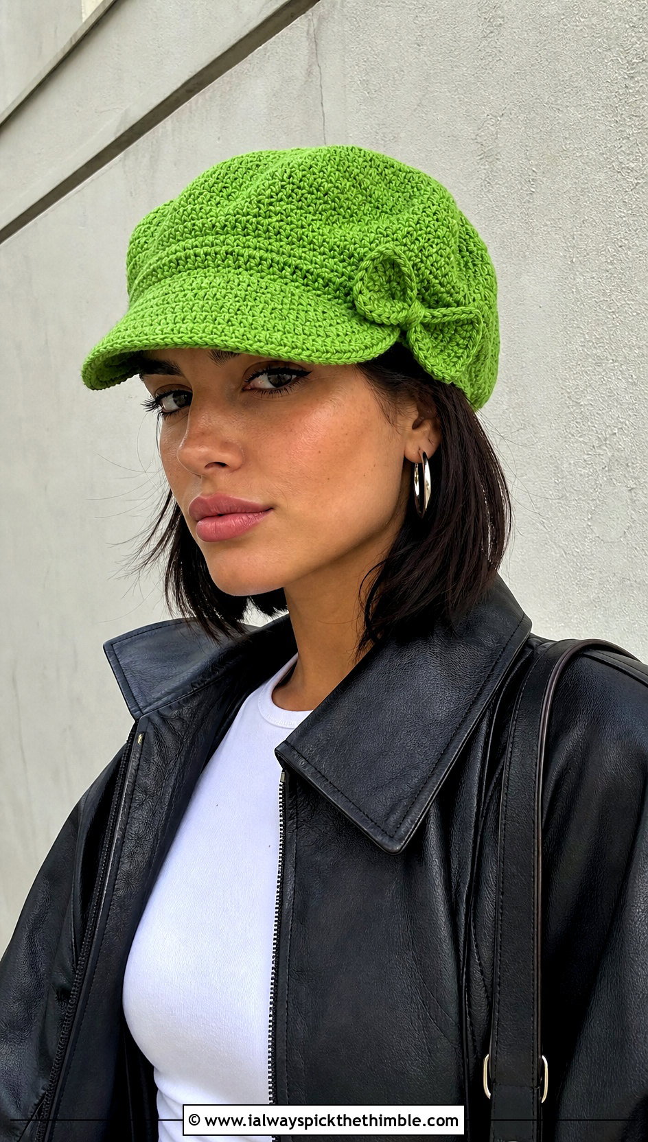 Crochet Newsboy Cap With Leather Jacket - 20 Crochet Bow Hat outfit ideas