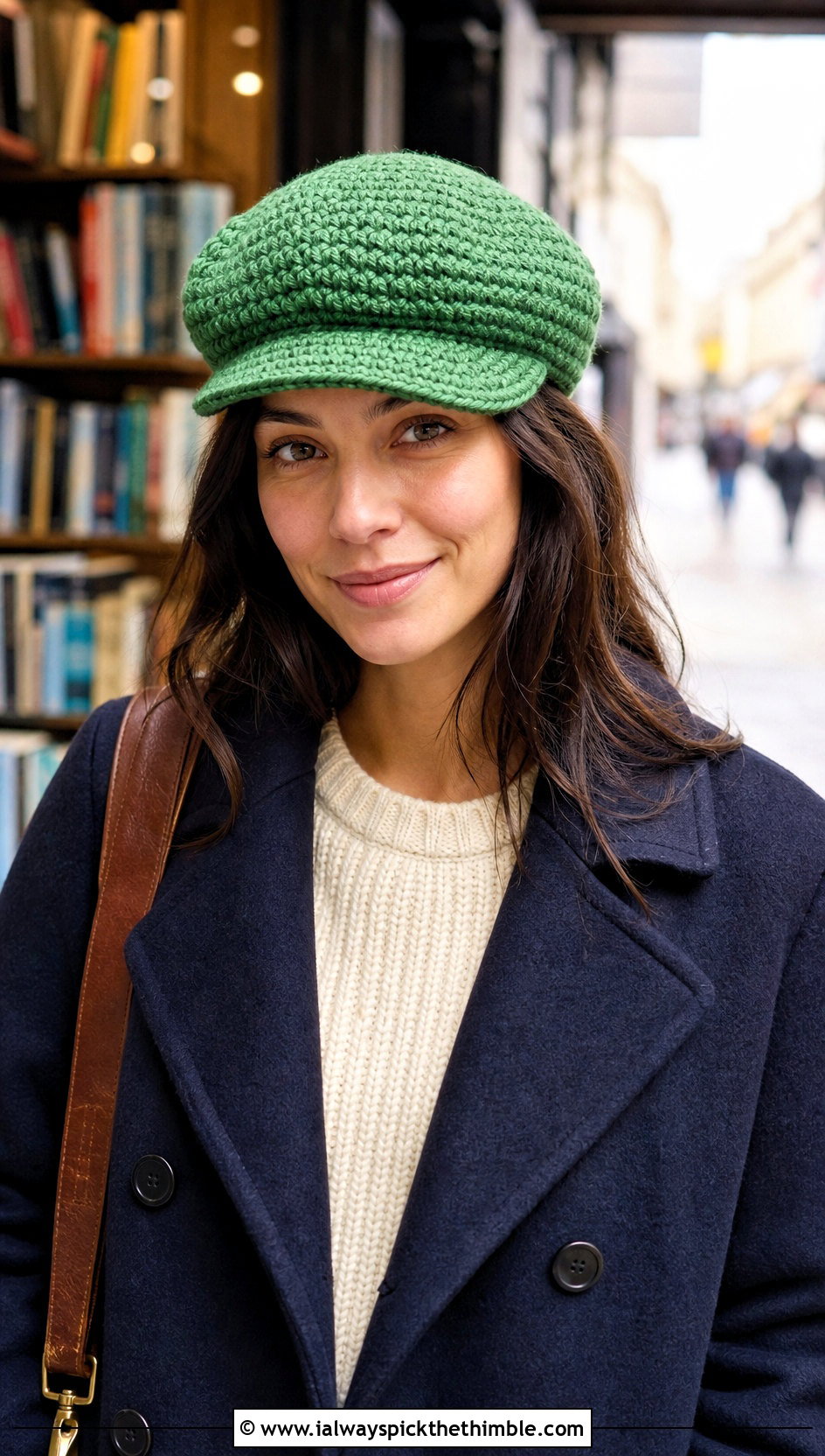 Crochet Newsboy Cap With Peacoat And Pleated Trousers - 20 Warm Crochet Hat outfit ideas