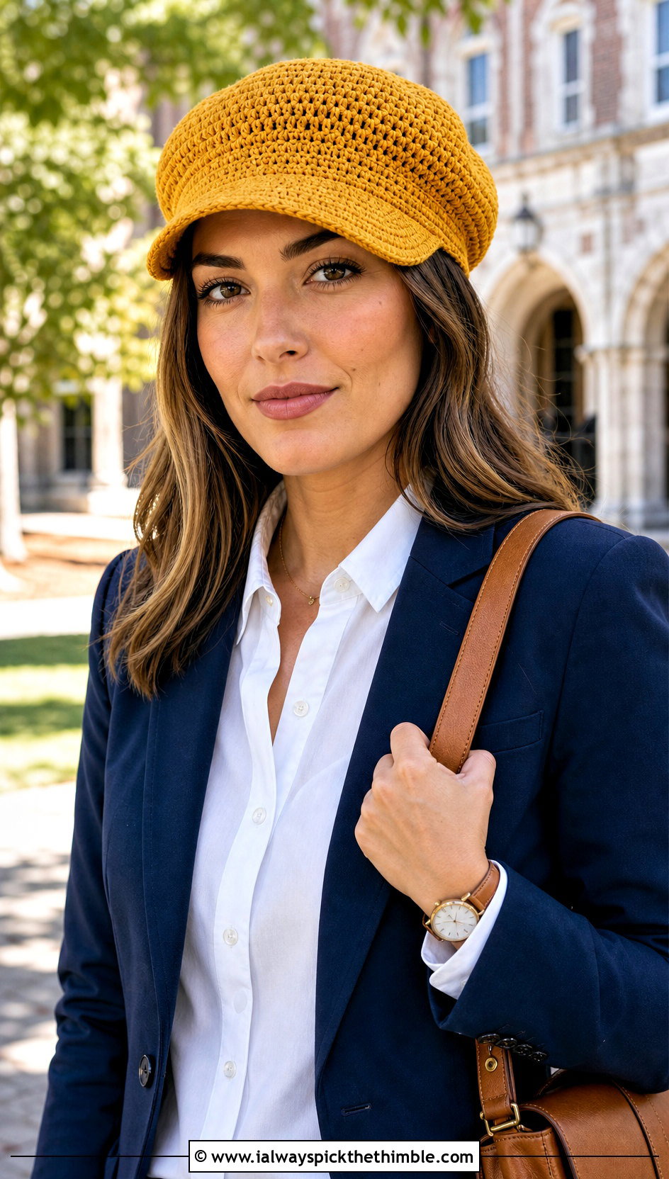 Crochet Newsboy Cap With Preppy Blazer - 20 aesthetic crochet hat ideas