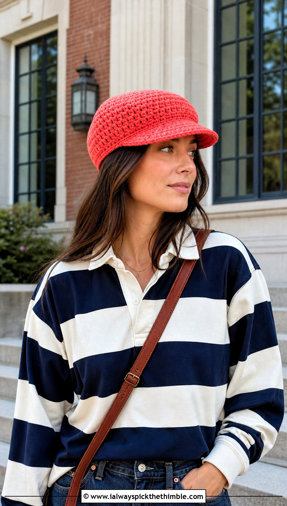 Crochet Newsboy Cap With Rugby Shirt And Straight Jeans - 20 crocheted hat outfit ideas