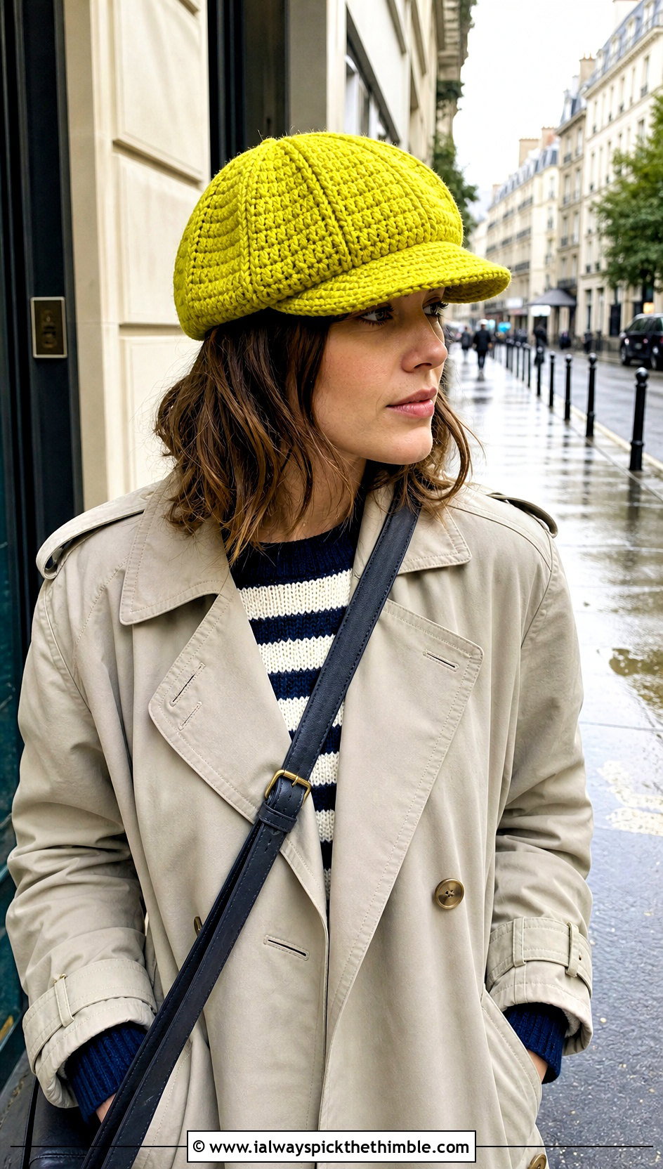 Crochet Newsboy Cap With Trench Coat And Straight Jeans - 25 fun crochet hats outfit ideas