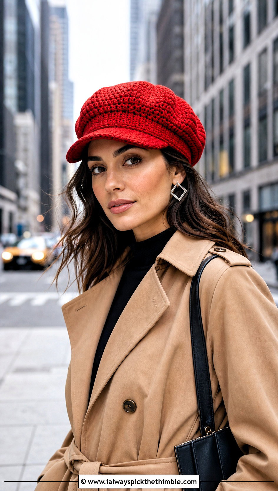Crochet Newsboy Cap With Trench Coat And Wide Leg Jeans - 20 Fancy Crochet Hat outfit ideas