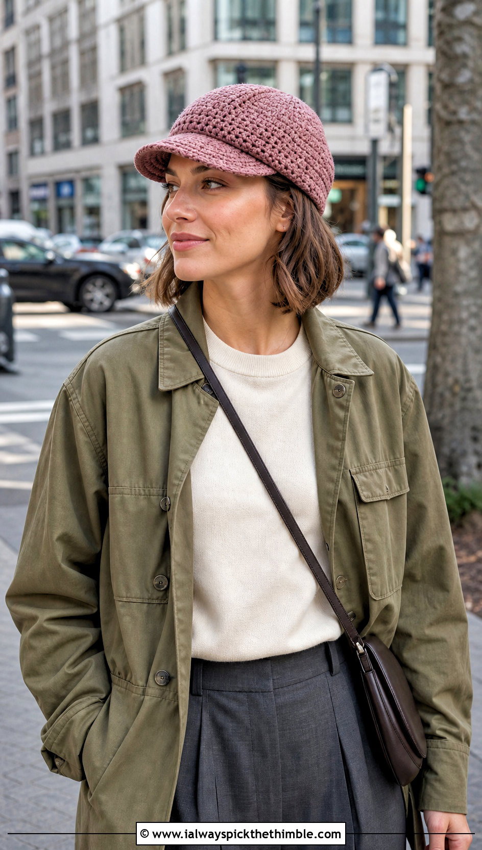 Crochet Newsboy Cap With Utility Jacket And Trousers - 25 Crochet Hat Inspo outfit ideas