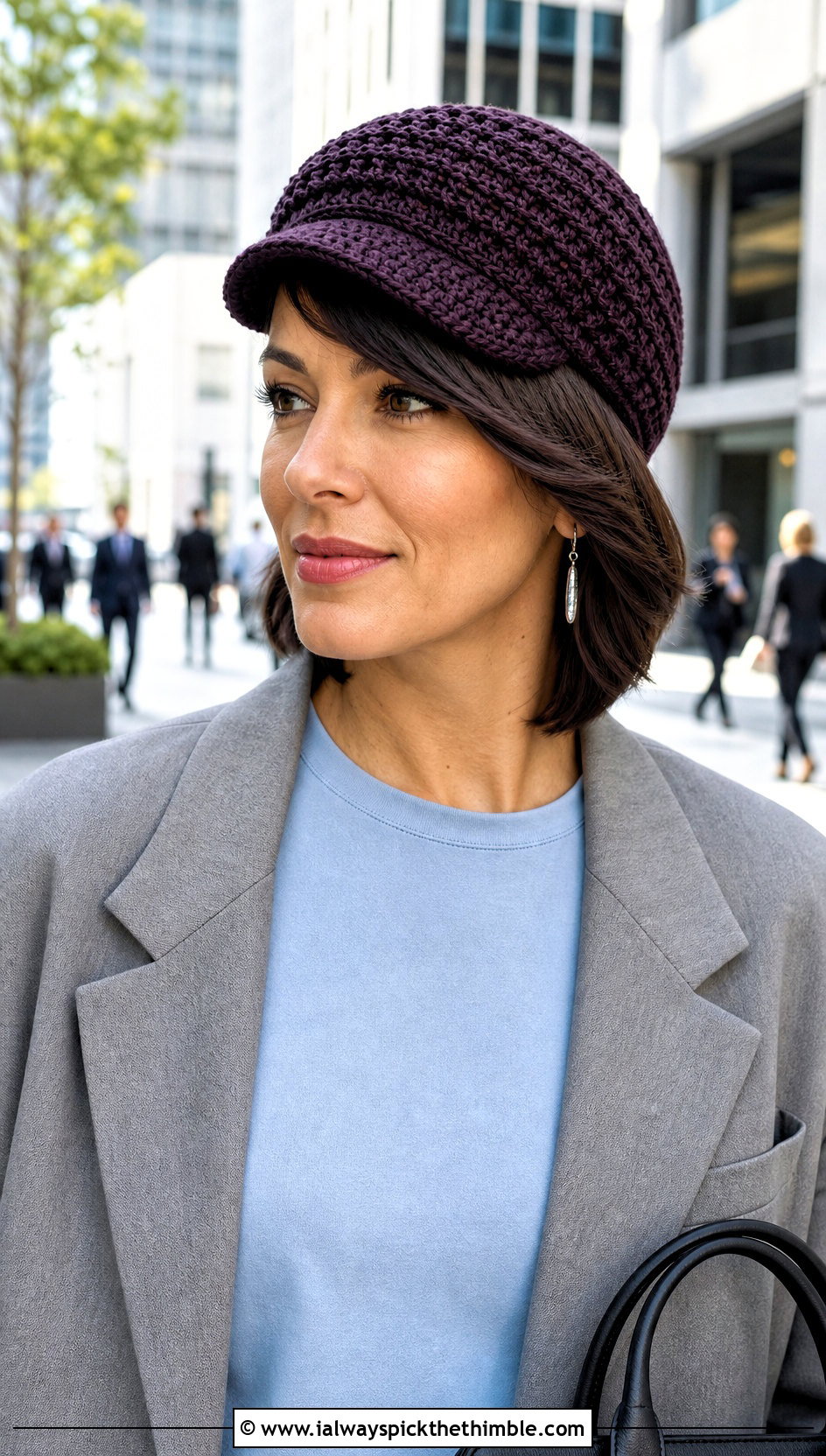 Crochet Newsboy Chemo Cap With Side Swept Hair And Blazer - 15 crochet chemo hat with hair outfit ideas