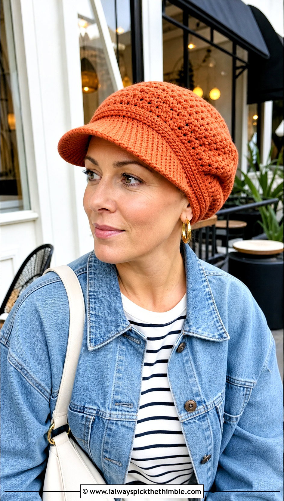 Crochet Newsboy Chemo Cap With Wide Leg Jeans - 20 Crochet Summer Chemo Caps outfit ideas