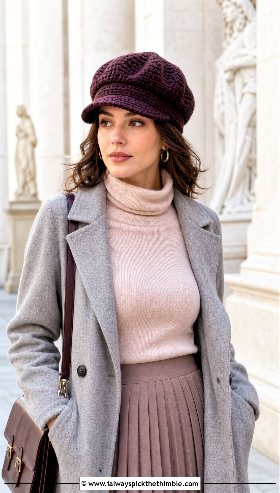 Crochet Newsboy Hat With Turtleneck And Pleated Skirt - 15 diy crochet winter hat outfit ideas