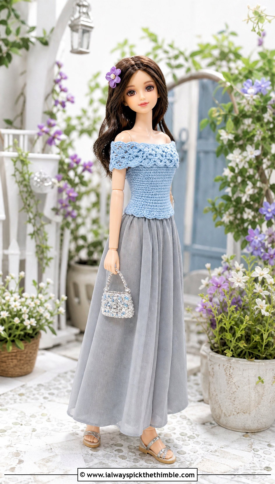 Crochet Off Shoulder Doll Top With Maxi Skirt - 20 Crochet Small Doll Clothes and outfit ideas