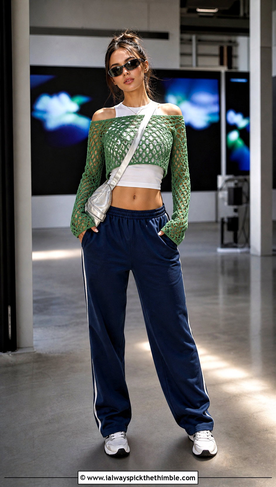 Crochet Off Shoulder Rave Top With Track Pants - 25 crochet rave top outfit ideas