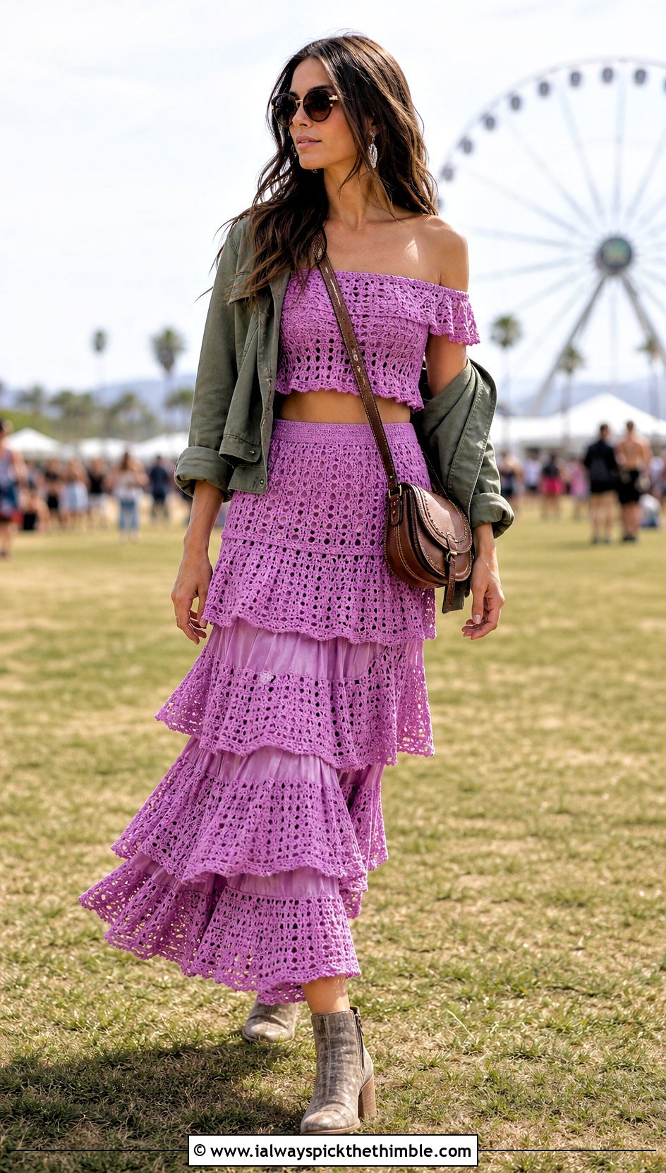 Crochet Off Shoulder Top And Tiered Skirt Set - 20 festival crochet two piece outfit ideas