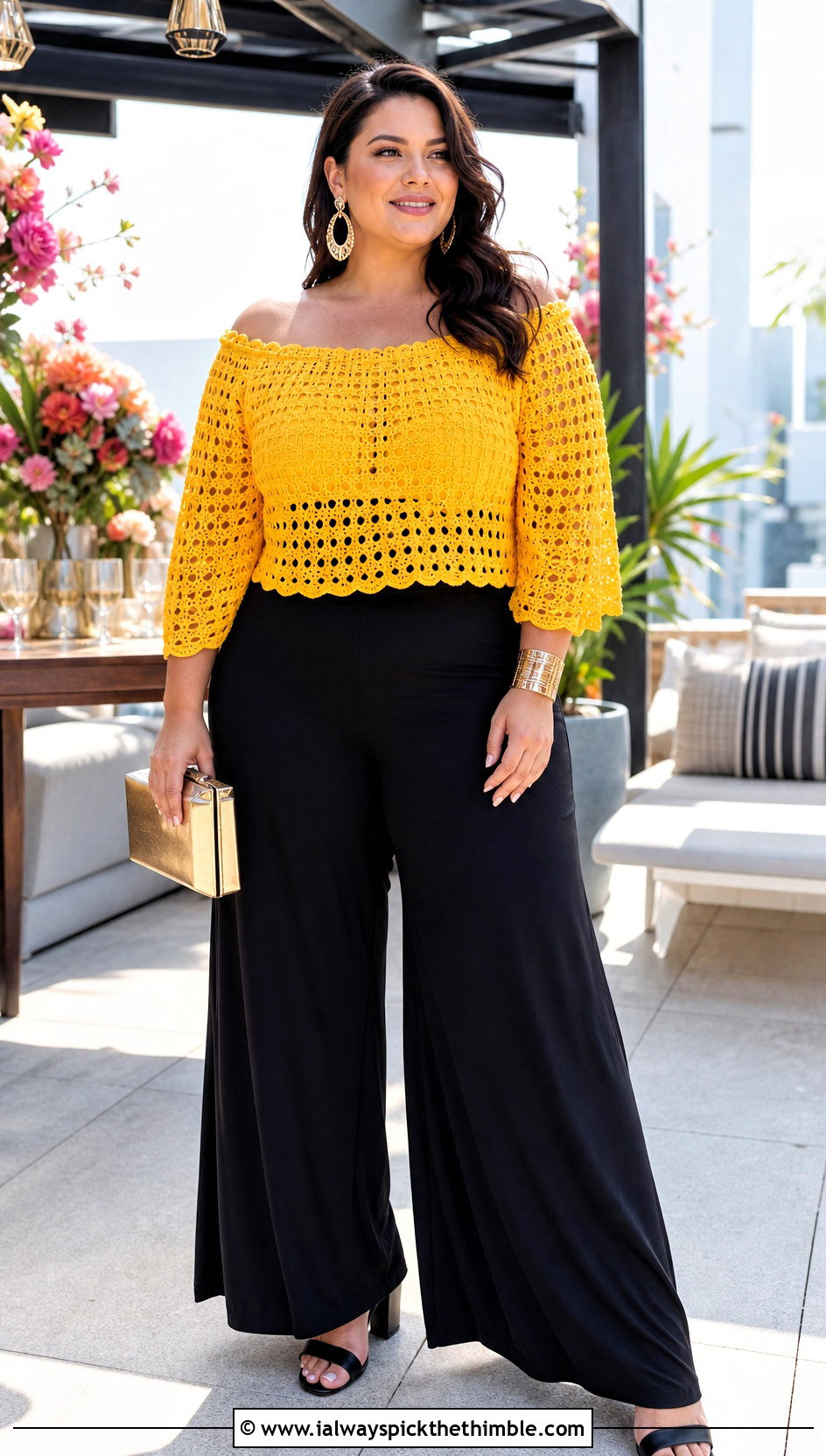 Crochet Off Shoulder Top With Palazzo Pants - 20 crochet top for plus size women outfit ideas