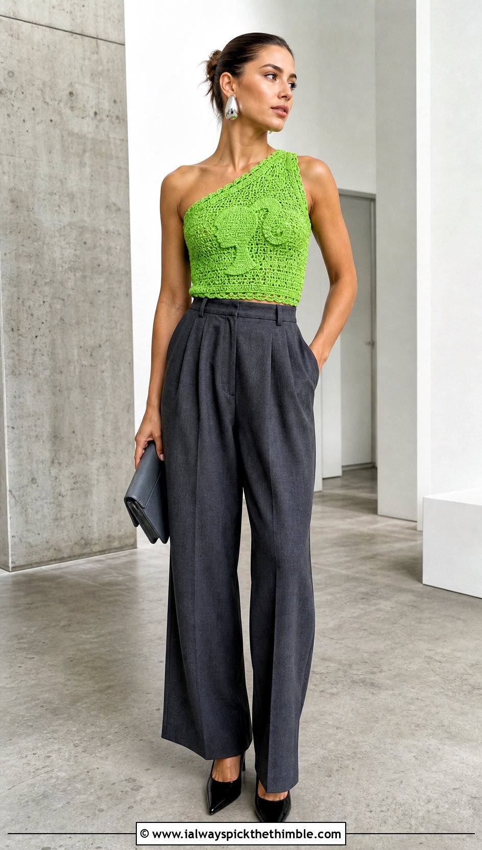Crochet One Shoulder Barbie Top With Pleated Pants - 20 crochet barbie top outfit ideas