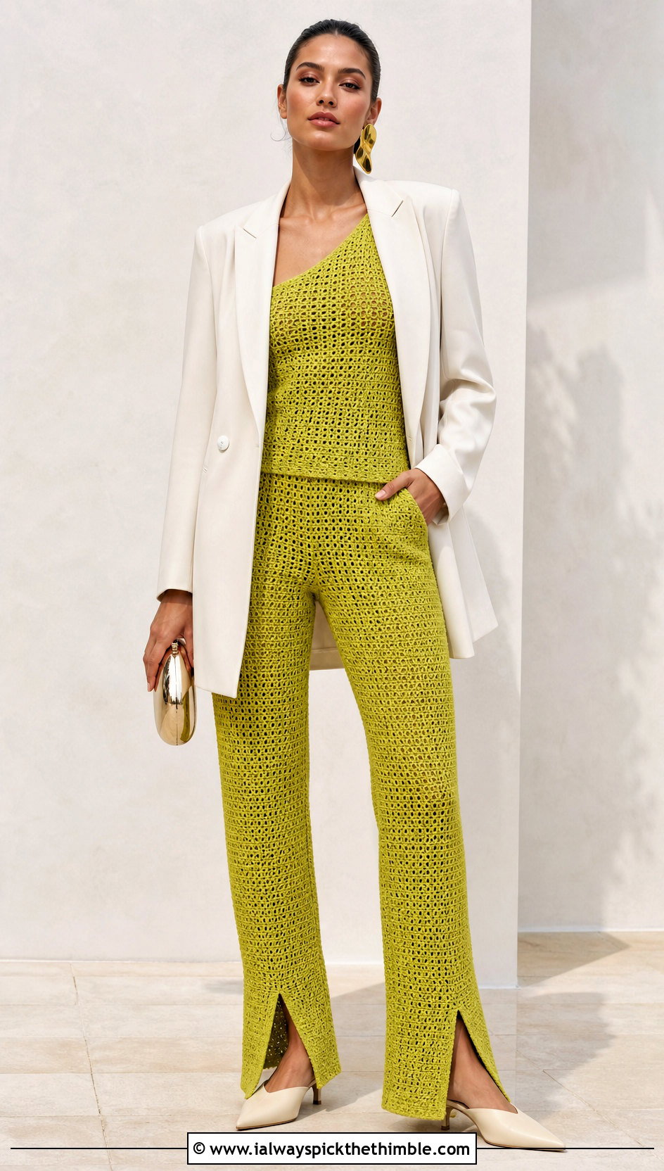 Crochet One Shoulder Top And Split Hem Pants Set With Heels - 20 crochet pants set outfit ideas