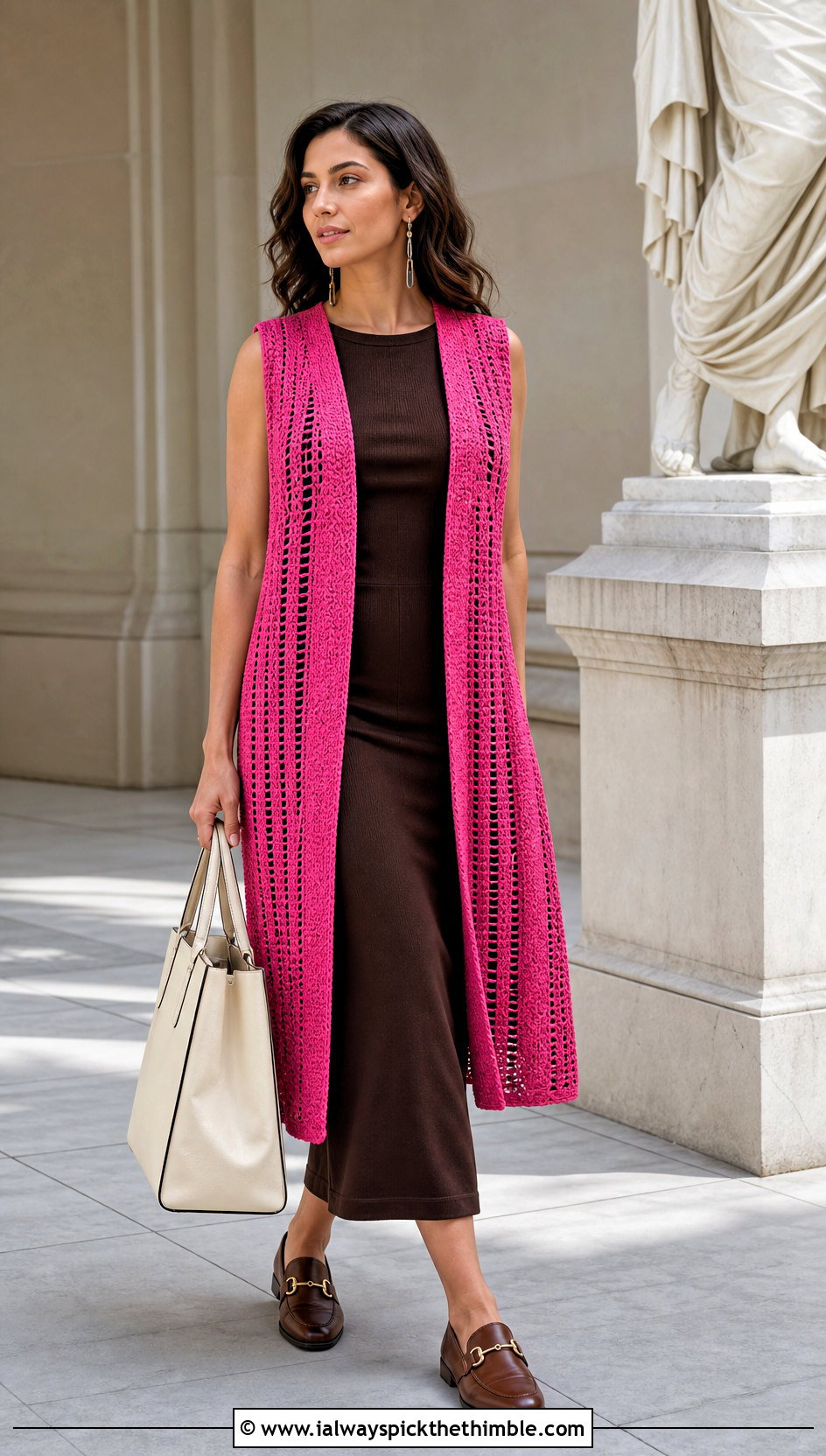 Crochet Open Front Vest Cover Up With Column Dress - 20 easy crochet cover up outfit ideas